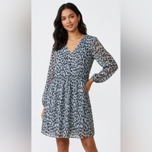 NWT LOFT Blue Leopard Print V-Neck Long Sleeve Dress